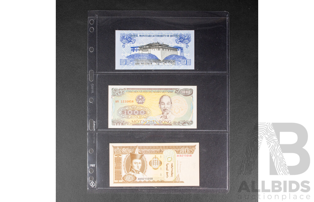 Collection of UNC Banknotes Including Egypt, Indonesia, Belarus, Guyana, Trinidad, Honduras,  Congo, Sri Lanka, Yugoslavia, Uzbekistan, Vietnam, Bhutan, Malawi, Slovenia