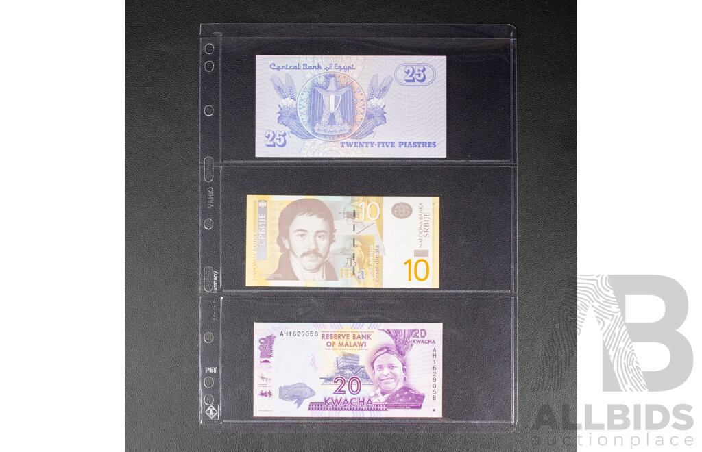 Collection of UNC Banknotes Including Egypt, Indonesia, Belarus, Guyana, Trinidad, Honduras,  Congo, Sri Lanka, Yugoslavia, Uzbekistan, Vietnam, Bhutan, Malawi, Slovenia