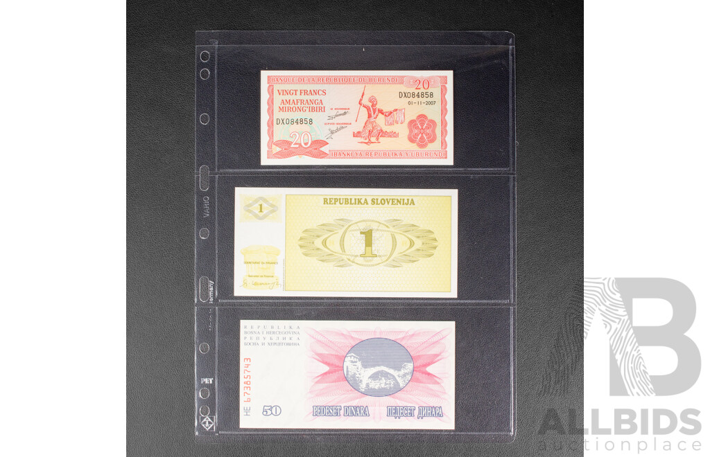Collection of UNC Banknotes Including Egypt, Indonesia, Belarus, Guyana, Trinidad, Honduras,  Congo, Sri Lanka, Yugoslavia, Uzbekistan, Vietnam, Bhutan, Malawi, Slovenia