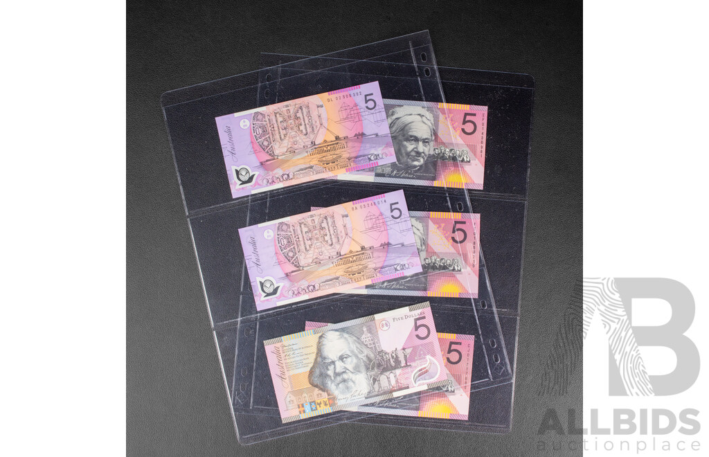 Six Australian Five Dollar Notes Including Four 2001 Macfarlane/Evans, 2002 Macfarlane/Henry, 2003 Macfarlane/Henry First Prefix