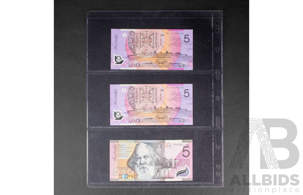 Six Australian Five Dollar Notes Including Four 2001 Macfarlane/Evans, 2002 Macfarlane/Henry, 2003 Macfarlane/Henry First Prefix
