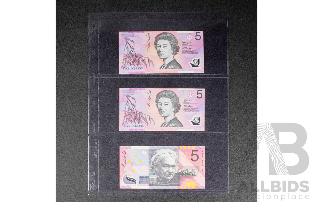 Six Australian Five Dollar Notes Including Four 2001 Macfarlane/Evans, 2002 Macfarlane/Henry, 2003 Macfarlane/Henry First Prefix
