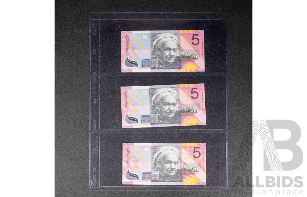 Six Australian Five Dollar Notes Including Four 2001 Macfarlane/Evans, 2002 Macfarlane/Henry, 2003 Macfarlane/Henry First Prefix