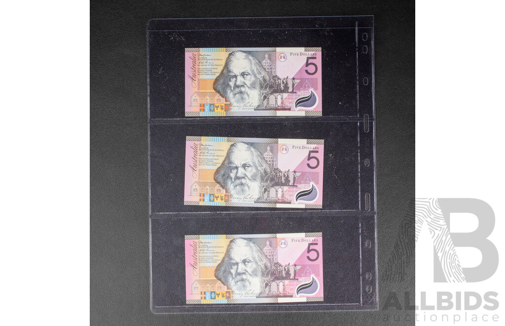 Six Australian Five Dollar Notes Including Four 2001 Macfarlane/Evans, 2002 Macfarlane/Henry,  2003 Macfarlane/Henry First Prefix