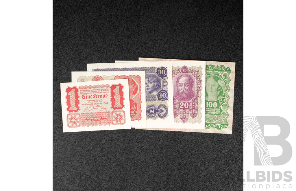 Austria 1922 UNC One to One Hundred Kronen Banknote Set