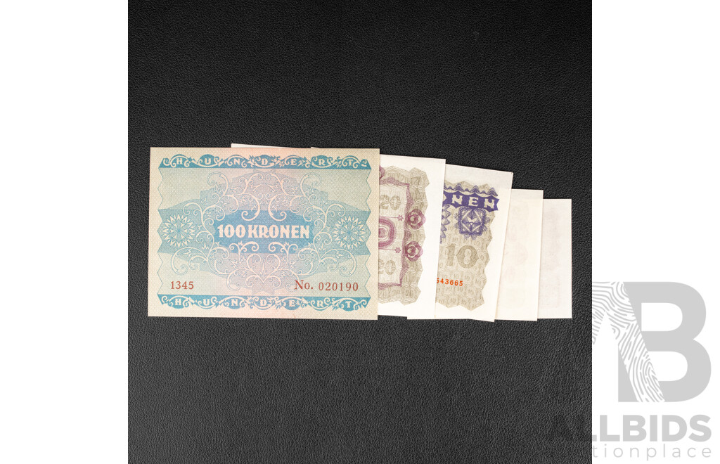 Austria 1922 UNC One to One Hundred Kronen Banknote Set