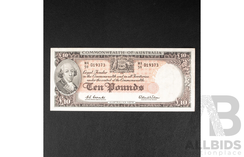 Australian 1960 Ten Pound Note, R63 Coombs/Wilson WA 59 019373