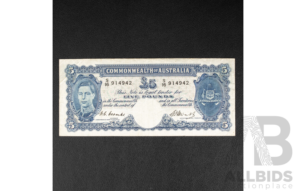 Australian 1949 Five Pound Note, R47 Coombs/Watt S16 914942