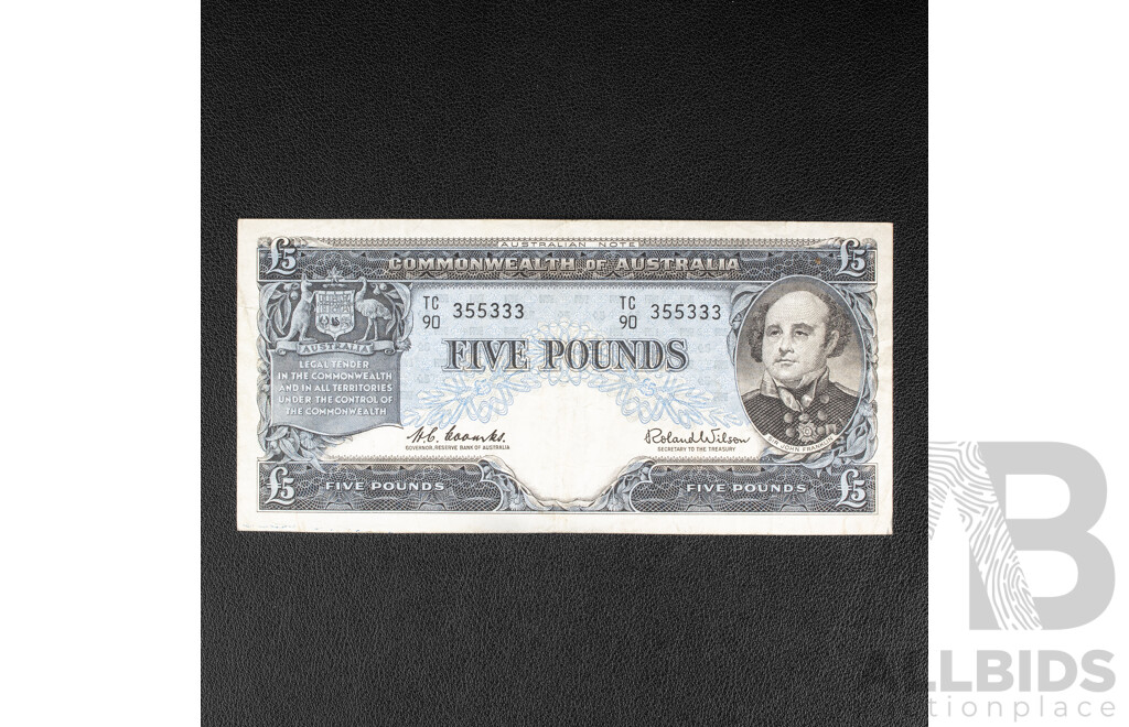 Australian 1960 Five Pound Note, R50 Coombs/Wilson TC90 355333