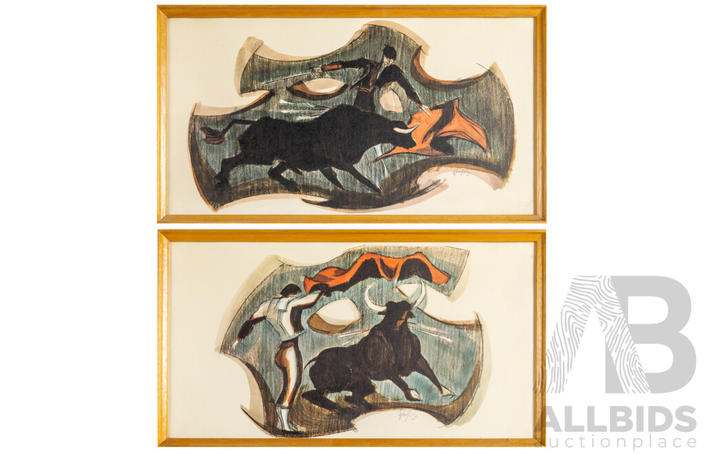 Jack Amoroso, (20th Century, American, 1930-), Bull Fight I & II, Pair of Original Reproduction Prints After Original Watercolour & Charcoal, 58 W x 33 H cm (frames) (2)