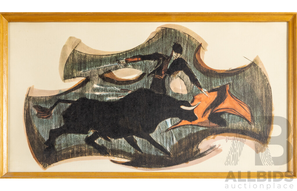 Jack Amoroso, (20th Century, American, 1930-), Bull Fight I & II, Pair of Original Reproduction Prints After Original Watercolour & Charcoal, 58 W x 33 H cm (frames) (2)