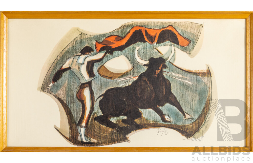 Jack Amoroso, (20th Century, American, 1930-), Bull Fight I & II, Pair of Original Reproduction Prints After Original Watercolour & Charcoal, 58 W x 33 H cm (frames) (2)
