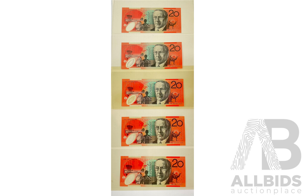 Five Australian Twenty Dollar Notes Including Four 2006 MacFarlane/Henry and 2007 Stevens/Henry