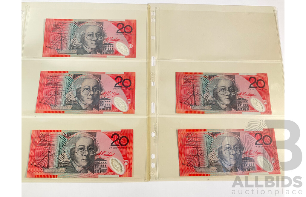 Five Australian Twenty Dollar Notes Including Four 2006 MacFarlane/Henry and 2007 Stevens/Henry