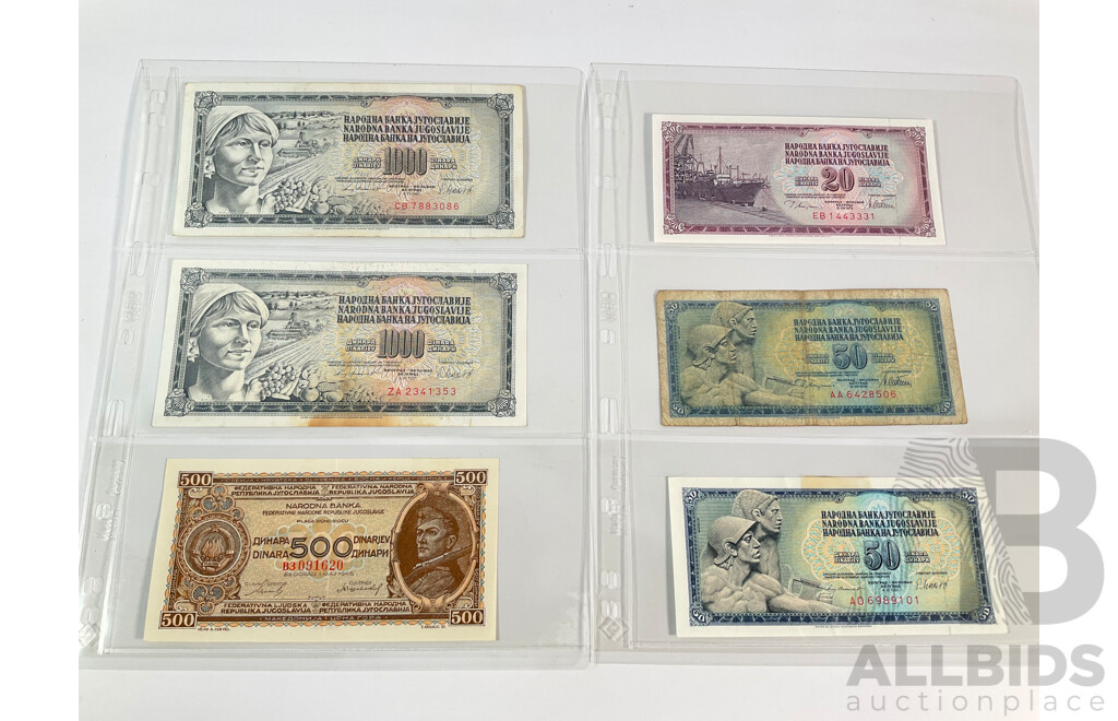 Collection of Yugoslavia Banknotes, Ten Dinara to Five Hundred Dinara