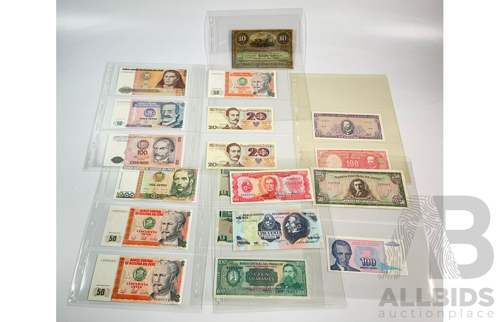 Collection of Vintage Banknotes Including Cuba 1896 Ten Peso, Chille, Peru (Three Consecutive) Guatemala, Uruguay, Poland(Two Consecutive)