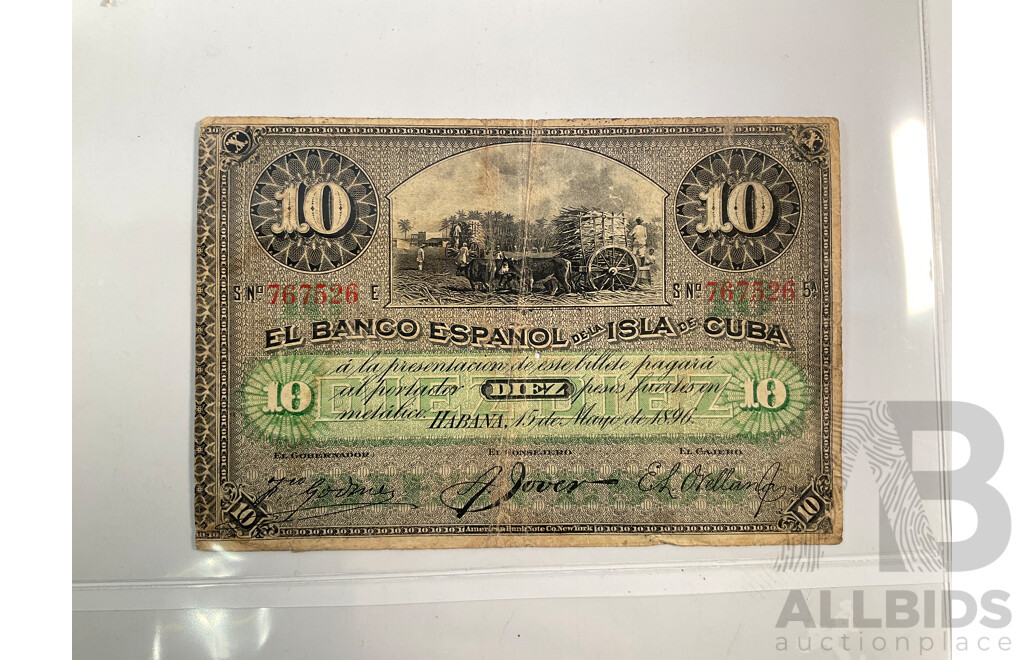 Collection of Vintage Banknotes Including Cuba 1896 Ten Peso, Chille, Peru (Three Consecutive) Guatemala, Uruguay, Poland(Two Consecutive)