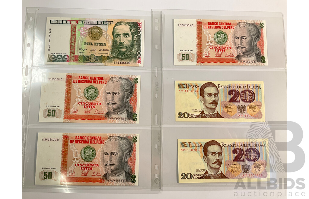 Collection of Vintage Banknotes Including Cuba 1896 Ten Peso, Chille, Peru (Three Consecutive) Guatemala, Uruguay, Poland(Two Consecutive)