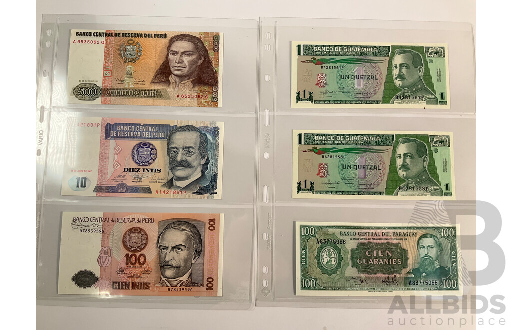 Collection of Vintage Banknotes Including Cuba 1896 Ten Peso, Chille, Peru (Three Consecutive) Guatemala, Uruguay, Poland(Two Consecutive)