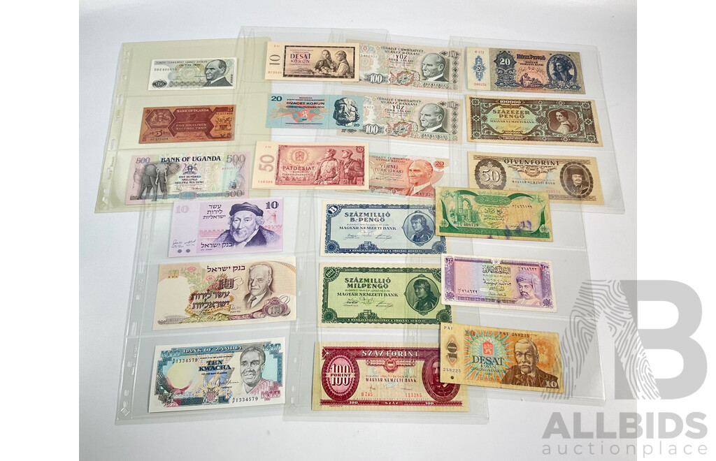 Collection of International Vintage Banknotes Including Zambia, Czechoslovakia, Hungary, Turkey(Consecutive), Uganda, Israel, Oman