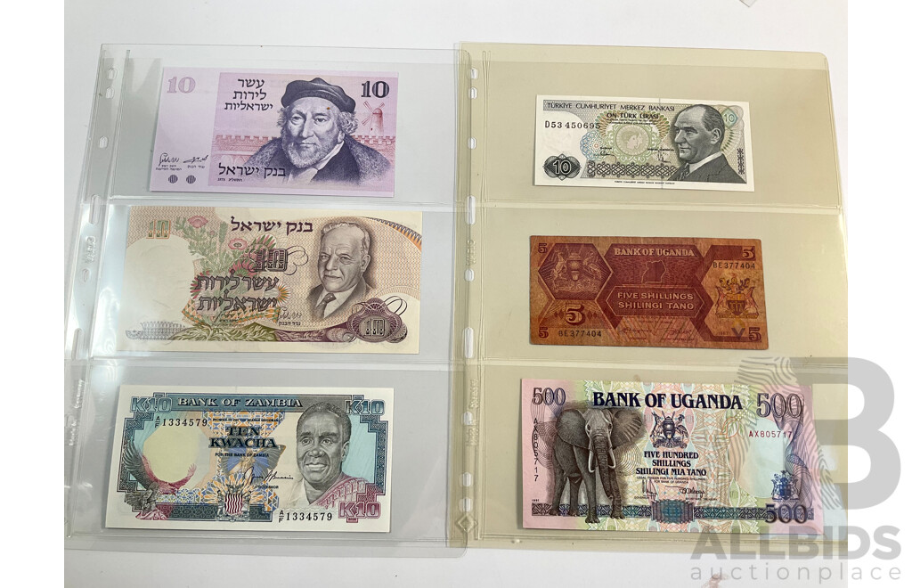 Collection of International Vintage Banknotes Including Zambia, Czechoslovakia, Hungary, Turkey(Consecutive), Uganda, Israel, Oman