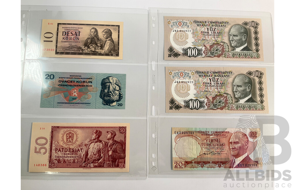 Collection of International Vintage Banknotes Including Zambia, Czechoslovakia, Hungary, Turkey(Consecutive), Uganda, Israel, Oman