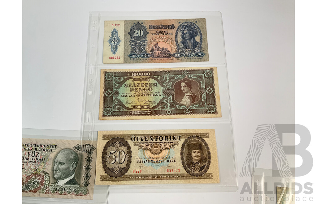 Collection of International Vintage Banknotes Including Zambia, Czechoslovakia, Hungary, Turkey(Consecutive), Uganda, Israel, Oman