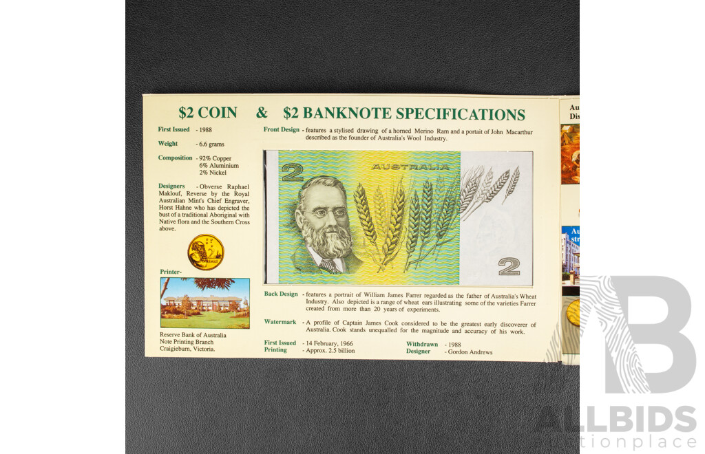 Australian 1988 UNC Two Dollar Note, Two Dollar Coin Folder