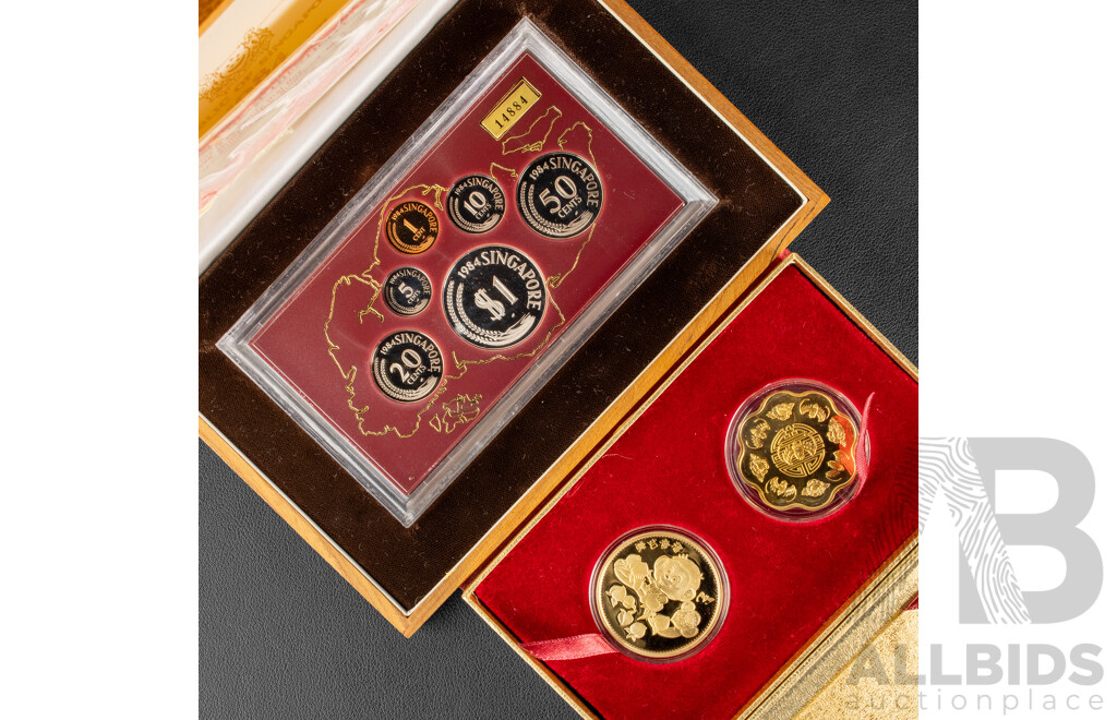 Republic of Singapore 1984 Proof Coin Set Including Silver One Dollar with Singapore Mint All Things Precious Gold Tone Coins