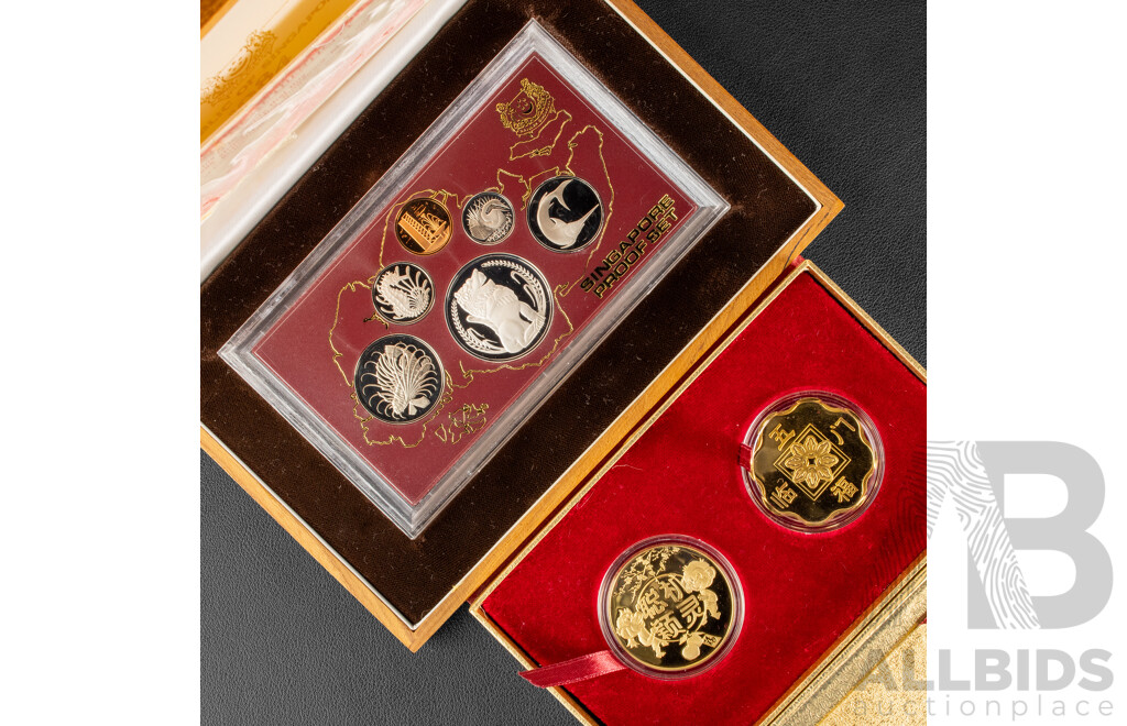 Republic of Singapore 1984 Proof Coin Set Including Silver One Dollar with Singapore Mint All Things Precious Gold Tone Coins