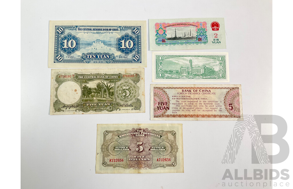 Collection of China and Taiwan Banknotes, Examples Spanning 1930's to 1970's