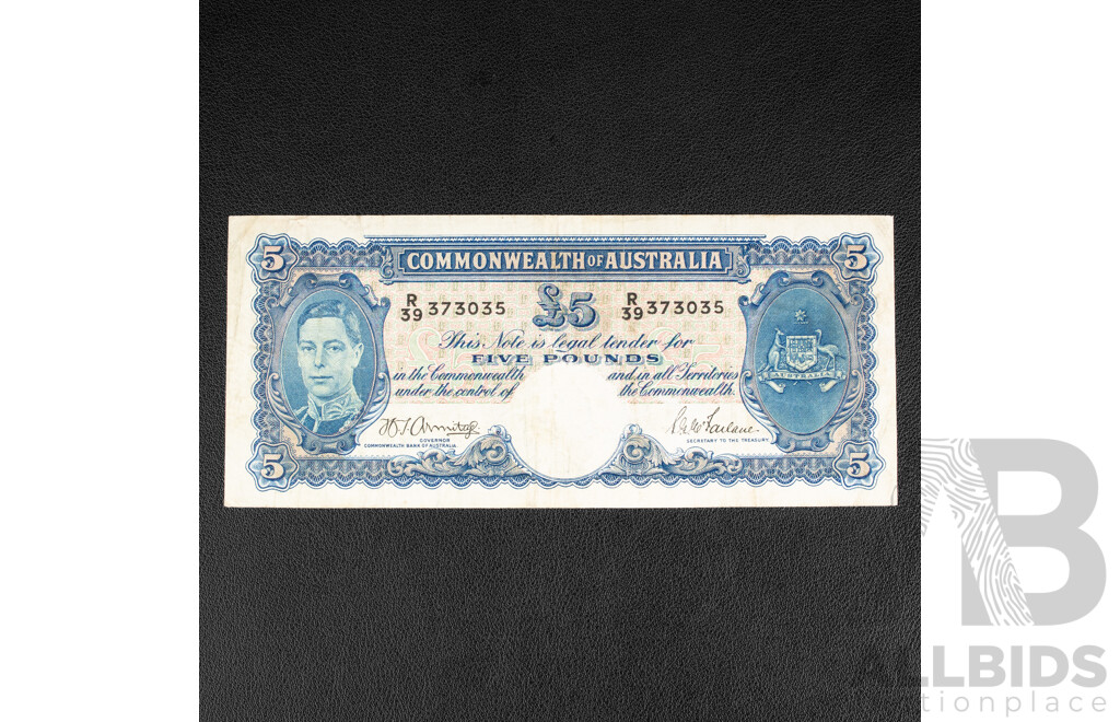 Australian 1941 Five Pound Note, R46 Armitage/McFarlane R39 373035