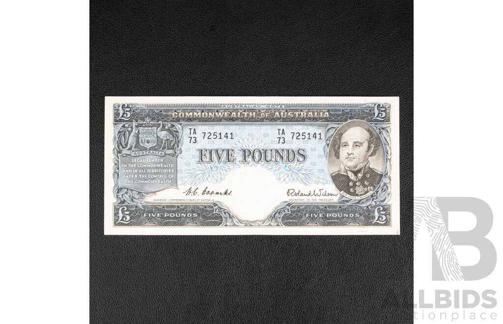 Australian 1954 Five Pound Note R49 Coombs/Wilson TA73 725141