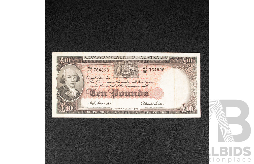 Australian 1960 Ten Pound Note, Coombs/Wilson R62F First Prefix WA00 764896