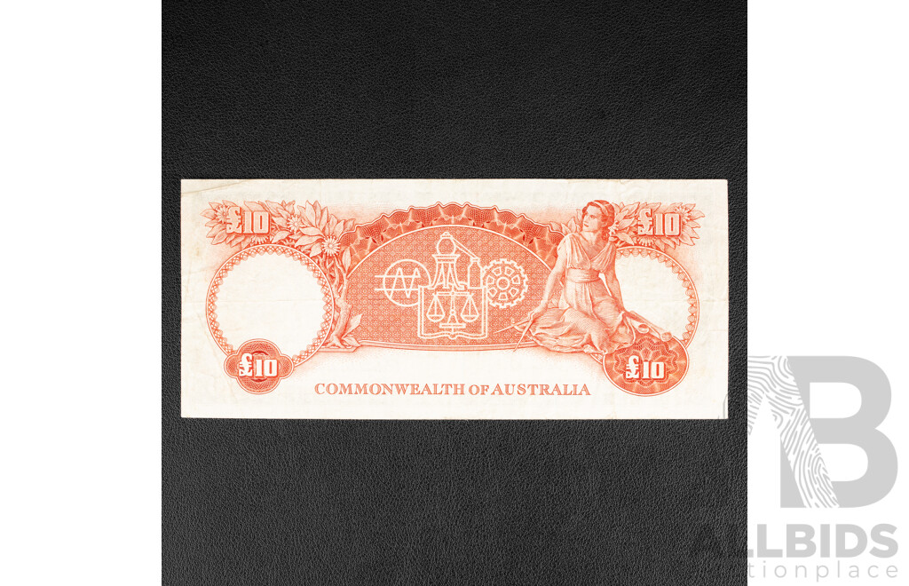 Australian 1960 Ten Pound Note, Coombs/Wilson R62F First Prefix WA00 764896