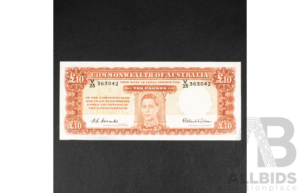 Australian 1952 Ten Pound Note, Coombs/Wilson, R61 V23569829