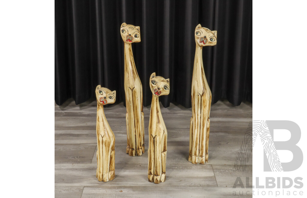 Set of 4 Hand-carved Wooden Cat Sculptures