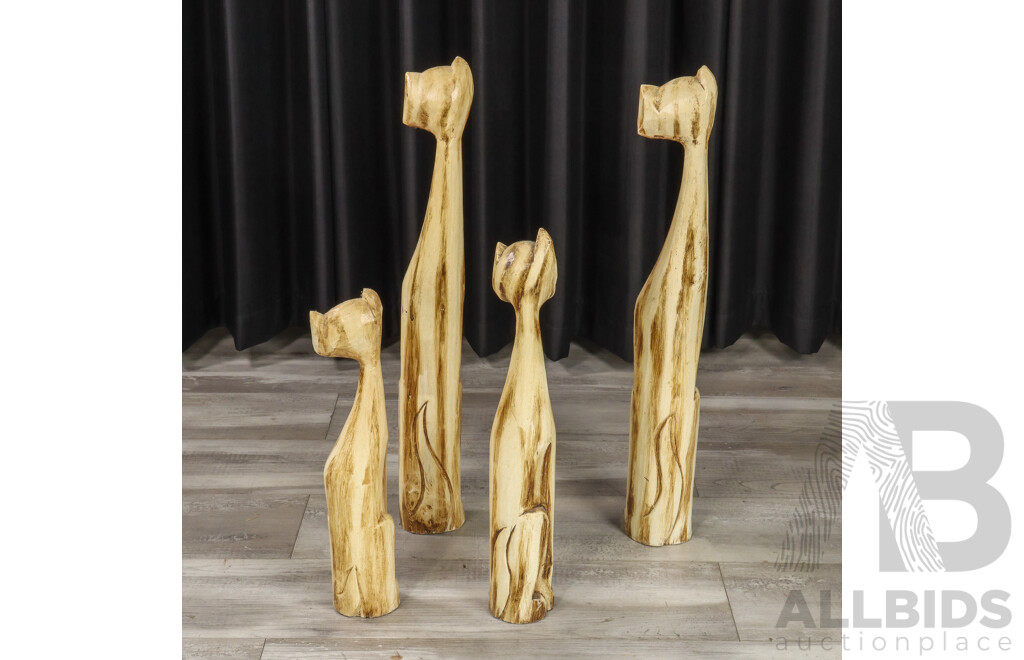 Set of 4 Hand-carved Wooden Cat Sculptures