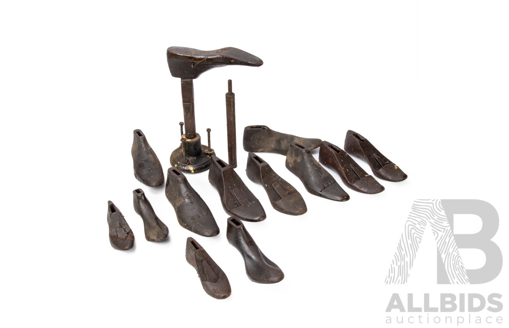 Good Collection of Vintage Cobblers Cast Iron Shoe Lasts and Stand