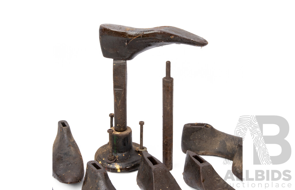 Good Collection of Vintage Cobblers Cast Iron Shoe Lasts and Stand