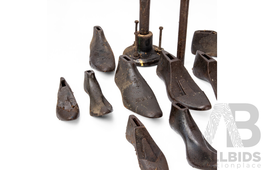 Good Collection of Vintage Cobblers Cast Iron Shoe Lasts and Stand