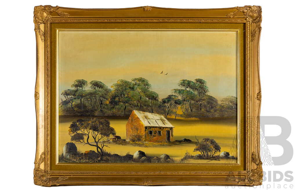 Signed Indistinctly, (20th Century), Outback Homestead (1975), Original Vintage Oil on Canvas Board, 56W x 75H cm (frame)