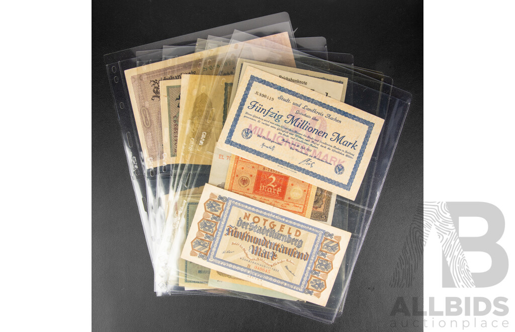 Collection of German Bank Notes Including Hyperinflation, Examples Spanning 1908 to 1948