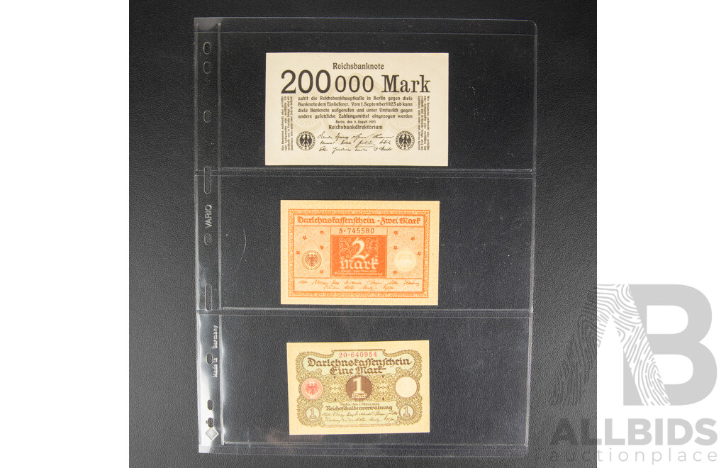 Collection of German Bank Notes Including Hyperinflation, Examples Spanning 1908 to 1948