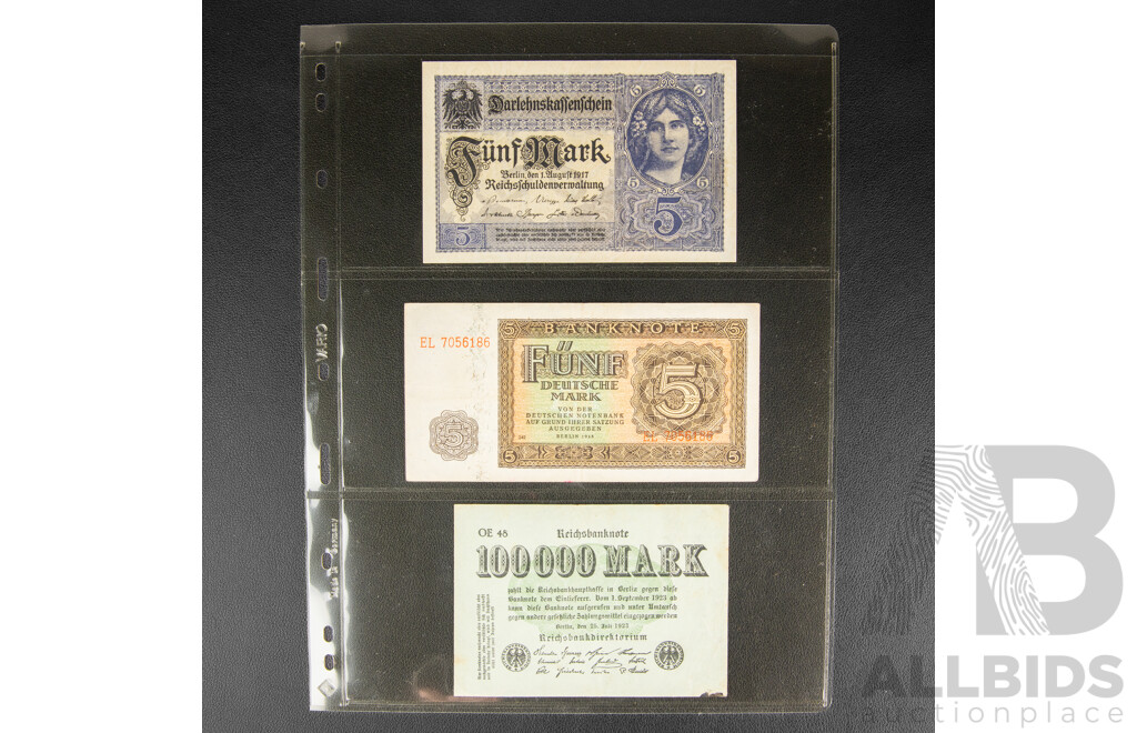Collection of German Bank Notes Including Hyperinflation, Examples Spanning 1908 to 1948