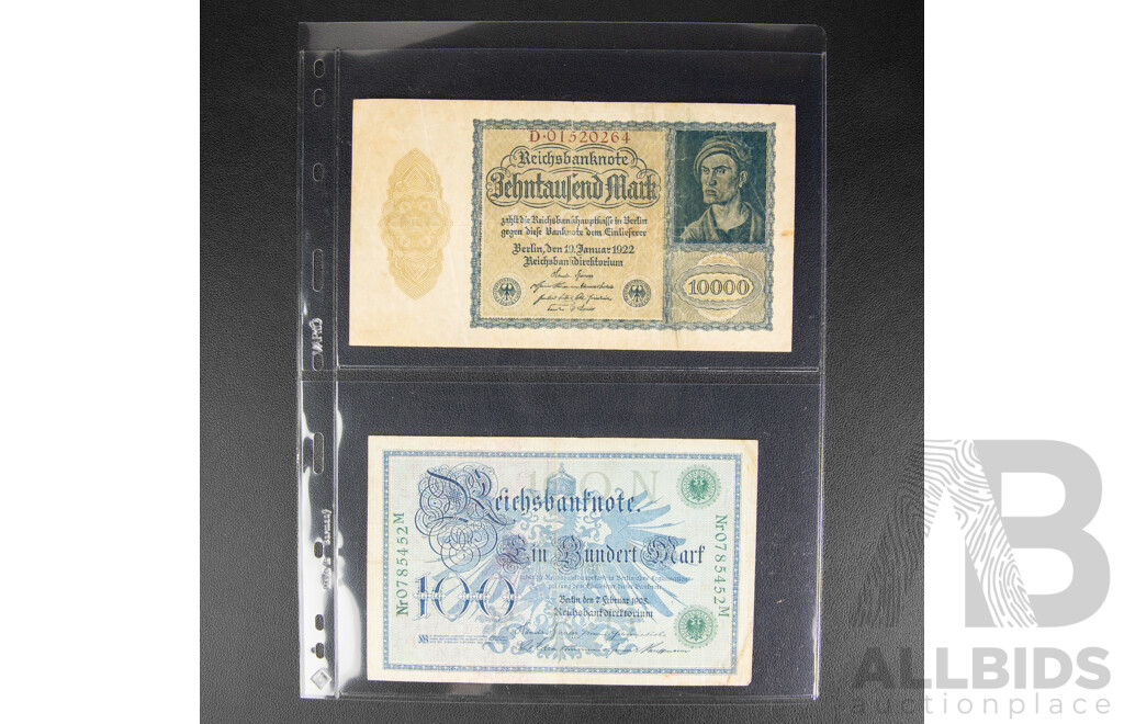 Collection of German Bank Notes Including Hyperinflation, Examples Spanning 1908 to 1948