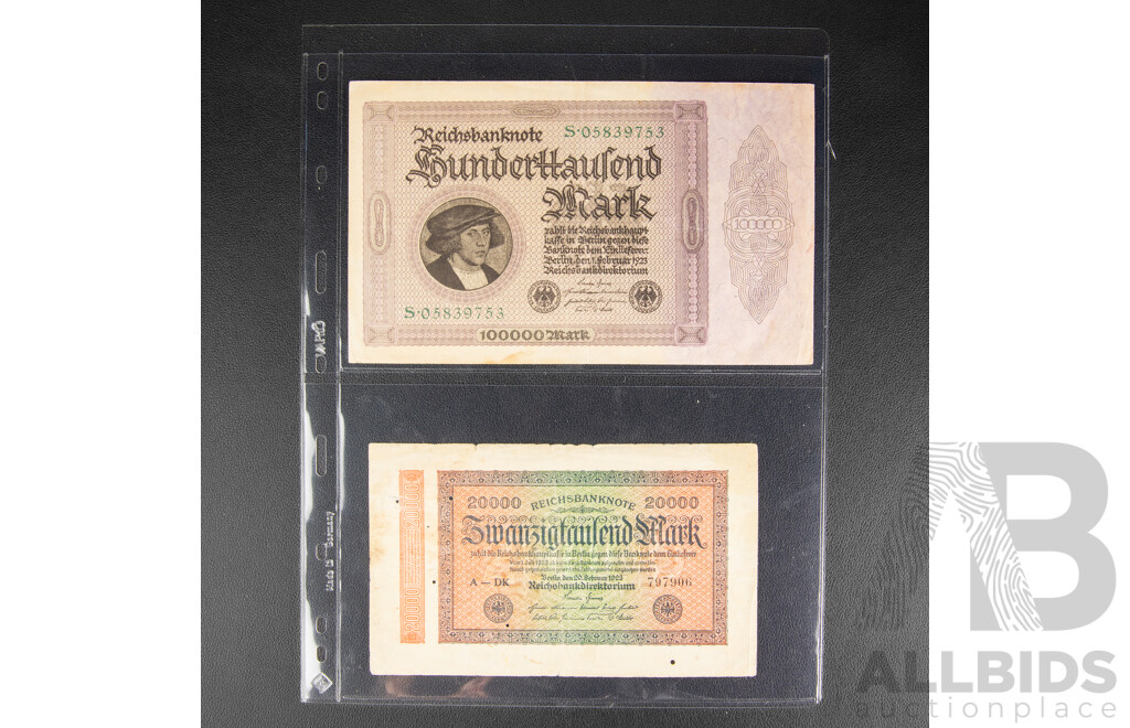 Collection of German Bank Notes Including Hyperinflation, Examples Spanning 1908 to 1948