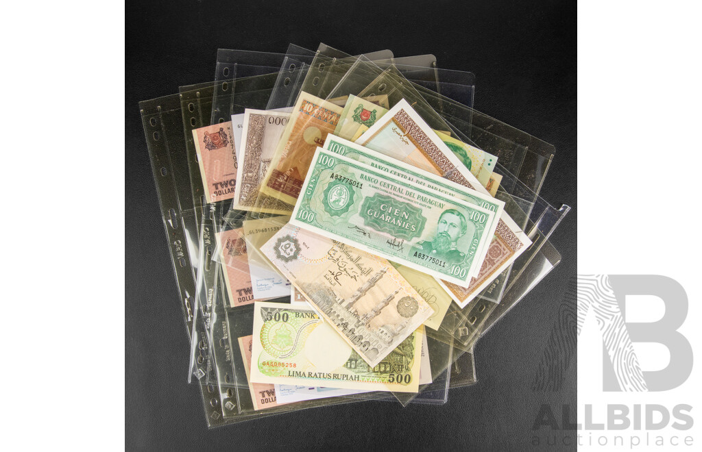 Collection of International Banknotes Including Singapore, Germany, Indonesia, Poland, Paraguay, Egypt, Hong Kong, Laos