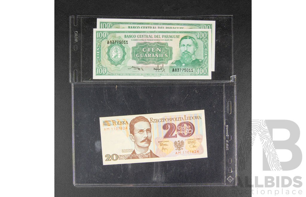Collection of International Banknotes Including Singapore, Germany, Indonesia, Poland, Paraguay, Egypt, Hong Kong, Laos