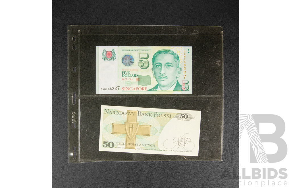 Collection of International Banknotes Including Singapore, Germany, Indonesia, Poland, Paraguay, Egypt, Hong Kong, Laos